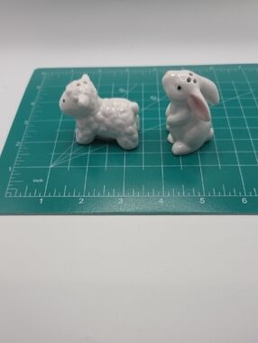 Ceramic White Bunny and Lamb Small Pet Figurine Salt and Pepper Shakers